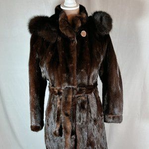 Mink Fur Mahogany Coat with Hood, Women's Full Length Coat